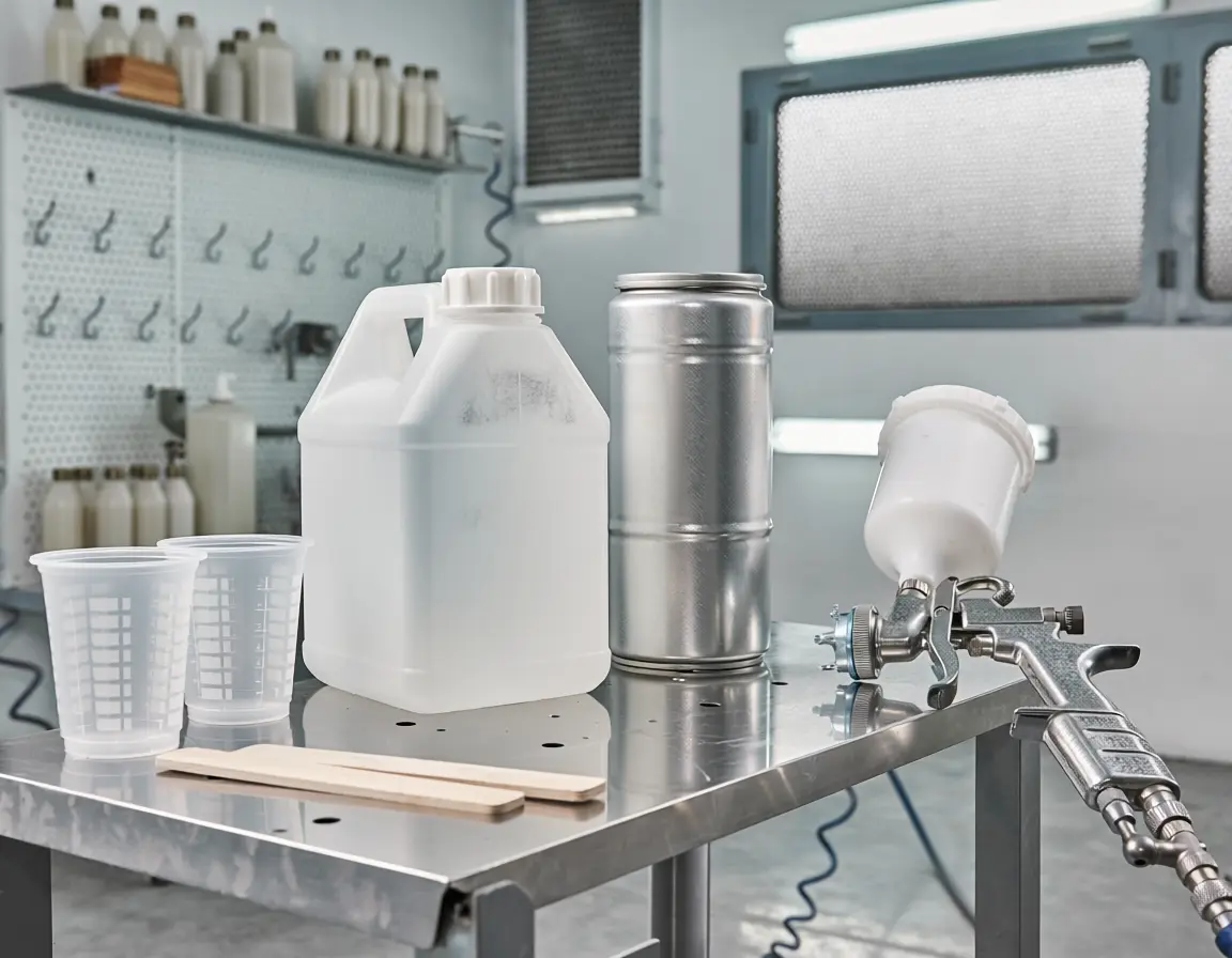 Automotive refinishing workspace with paint materials laid out